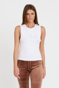 JUICY COUTURE Biały top Juicy Script Tank. Białe topy Juicy Couture, s, bez wzorów, bez kołnierzyka, bez ramiączek. W wyprzedaży za 145,99 zł.