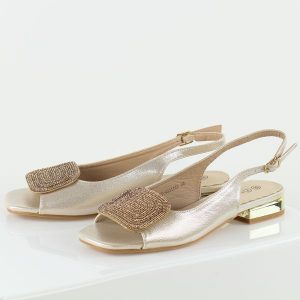 Złote sandały damskie na obcasie Potocki 43314. Żółte sandały POTOCKI, z aplikacjami, ze skóry, bez obcasa, na obcasie, bez zapięcia. Za 169,00 zł.