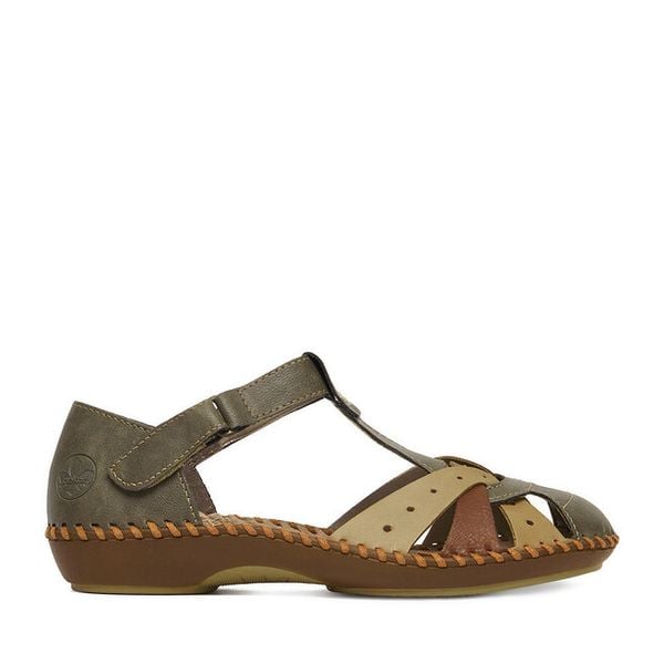 Sandały Rieker. Zielone sandały Rieker, bez wzorów, bez obcasa, na płaskiej podeszwie, bez zapięcia. Za 339,99 zł.