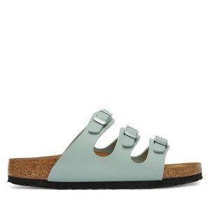 Klapki Birkenstock. Zielone klapki Birkenstock, bez wzorów, bez obcasa. Za 399,99 zł.