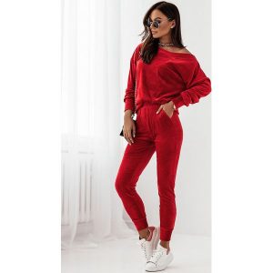 Welurowy Komplet Bluza i Spodnie - Czerwony. Czerwone bluzy Ivon, l, bez wzorów, z materiału, bez kaptura. Za 279,90 zł.