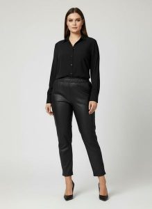 Eleganckie czarne spodnie BengaMetallic04 7/8 o kroju slim fit PLUS SIZE XXL OVERSIZE JESIEŃ. Czarne spódnice Moda Size Plus Iwanek, do pracy, na jesień, plus size, bez wzorów, z elastanu, biznesowe, plus size. Za 199,90 zł.