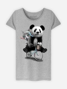 WOOOP Koszulka "Panda Bicycle" w kolorze szarym rozmiar: XL. Szare bluzki Wooop, xl, bez wzorów, z wiskozy, bez kołnierzyka, bez ramiączek. Za 56,99 zł.