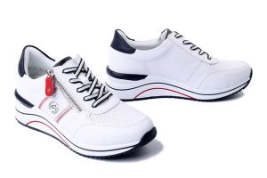 RIEKER REMONTE D0T04-81 white combination, półbuty damskie. Białe półbuty Rieker Remonte, bez wzorów, ze skóry, bez obcasa, na koturnie, bez zapięcia. Za 293,93 zł.