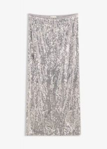 Spódnica midi z cekinami. Szare spódnice bonprix, bez wzorów, midi. Za 119,99 zł.
