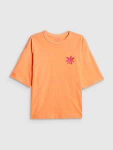 4F T-shirt boxy z nadrukiem damski - pomarańczowy M. Brązowe t-shirty 4f, m, bez wzorów, z bawełny, bez kołnierzyka, bez ramiączek. Za 69,99 zł.