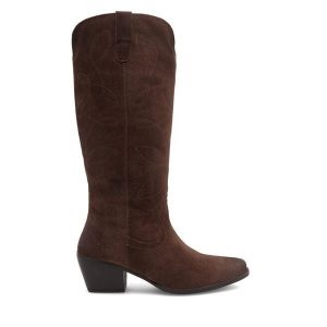 Kozaki Lasocki. Brązowe kozaki Lasocki, bez wzorów, bez obcasa, na słupku, bez zapięcia. Za 369,99 zł.