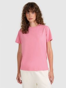 4F T-shirt regular gładki damski - różowy XS. Czerwone t-shirty 4f, xs, bez wzorów, z bawełny, bez kołnierzyka, bez ramiączek. Za 49,99 zł.
