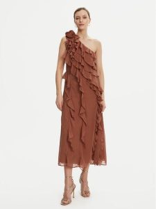 French Connection Sukienka koktajlowa 71YOR Brązowy Regular Fit. Brązowe sukienki French Connection, bez wzorów, z syntetyku, wizytowe, bez kołnierzyka, bez ramiączek. Za 599,99 zł.