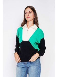 C& Jo Sweter w kolorze czarno-biało-turkusowym rozmiar: 42. Białe swetry oversize C& Jo, bez wzorów, ze splotem, bez ramiączek. Za 130,99 zł.