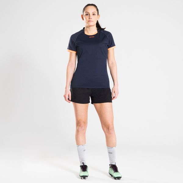 Spodenki do rugby damskie Offload R500. Czarne szorty KIPSTA, bez wzorów, z elastanu, sportowe. Za 69,99 zł.