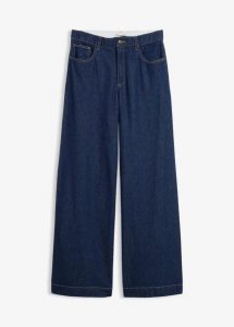 Dżinsy z szerokimi nogawkami, high waist. Niebieskie jeansy bonprix, bez wzorów, z jeansu, z podwyższonym stanem. Za 117,99 zł.