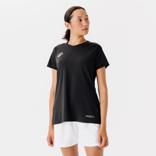 Koszulka do piłki nożnej damska Kipsta Viralto. Czarne bluzki KIPSTA, l, bez wzorów, z materiału, sportowe, bez kołnierzyka, bez ramiączek. Za 54,99 zł.