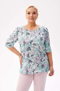 Bluzka Spring z krótkim rękawem i lekką bufką w kwiatowy wzór - kolory mięty, różu i bieli PLUS SIZE XXL. Czerwone bluzki Moda Size Plus Iwanek, plus size, bez wzorów, z elastanu, biznesowe, bez kołnierzyka, plus size, bez ramiączek. W wyprzedaży za 99,90 zł.