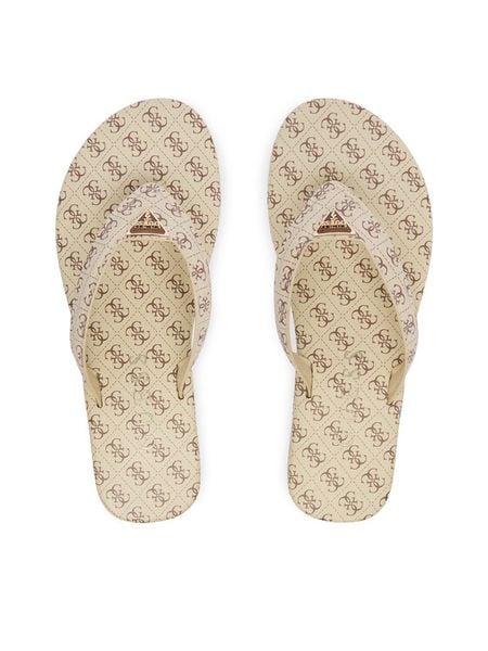Guess Japonki FLJCNY FAL24 Kremowy. Brązowe klapki Guess, z aplikacjami, ze skóry, bez obcasa. Za 245,99 zł.