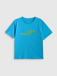 4F T-shirt boxy z nadrukiem damski - niebieski S. Niebieskie t-shirty 4f, s, bez wzorów, z bawełny, bez kołnierzyka, bez ramiączek. Za 69,99 zł.