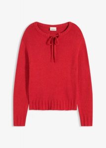 Gruby sweter z wiązaniem przy dekolcie. Czarne swetry klasyczne bonprix, bez kołnierzyka. Za 99,99 zł.