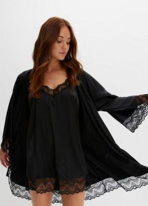 Szlafrok kimono + koszulka nocna (kompl. 2-częściowy). Czarne komplety bielizny bonprix, bez wzorów, z koronki. Za 142,99 zł.