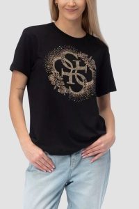 GUESS Czarny damski t-shirt na krótki rękaw z cyrkoniami Corinne, Rozmiar M. Czarne t-shirty Guess, m, z aplikacjami, bez kołnierzyka, bez ramiączek. Za 239,99 zł.