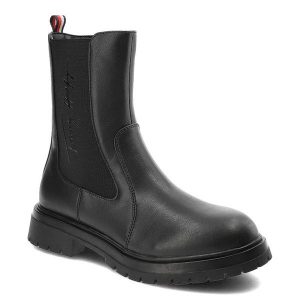Czarne Botki Tommy Hilfiger Modne Buty Damskie. Czarne botki TOMMY HILFIGER, bez wzorów, z materiału, bez obcasa, na płaskiej podeszwie, bez zapięcia. Za 419,00 zł.