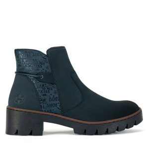 Botki Rieker. Niebieskie botki Rieker, bez wzorów, bez obcasa, na płaskiej podeszwie, bez zapięcia. Za 311,00 zł.