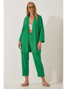 Happiness Istanbul 2-częściowy zestaw w kolorze zielonym rozmiar: 38. Zielone spodnie z wysokim stanem Happiness Istanbul, bez wzorów, z materiału, z podwyższonym stanem. Za 79,03 zł.