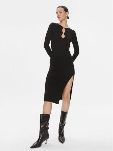 Pinko Sukienka dzianinowa Leone 101845 A15S Czarny Slim Fit. Czarne sukienki Pinko, s, bez wzorów, z dzianiny, bez kołnierzyka, bez ramiączek. Za 519,99 zł.