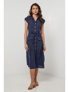 Lin Passion Lniana sukienka w kolorze granatowym rozmiar: 36/38. Niebieskie sukienki Lin Passion, na co dzień, bez wzorów, ze lnu, klasyczne, bez kołnierzyka, bez ramiączek, midi, proste. Za 173,99 zł.