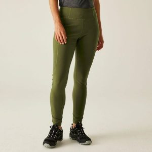 Legginsy trekkingowe damskie Monira. Zielone legginsy Regatta, bez wzorów, z materiału. W wyprzedaży za 189,50 zł.