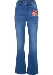 Dżinsy Bootcut, High Waist, z wygodnym paskiem. Niebieskie jeansy bonprix, bez wzorów, z jeansu, z podwyższonym stanem. Za 142,99 zł.