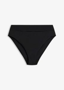 Figi bikini z wysoką talią, szybkoschnące, z wysokim wycięciem na nogi. Czarne figi bonprix, bez wzorów. Za 64,99 zł.
