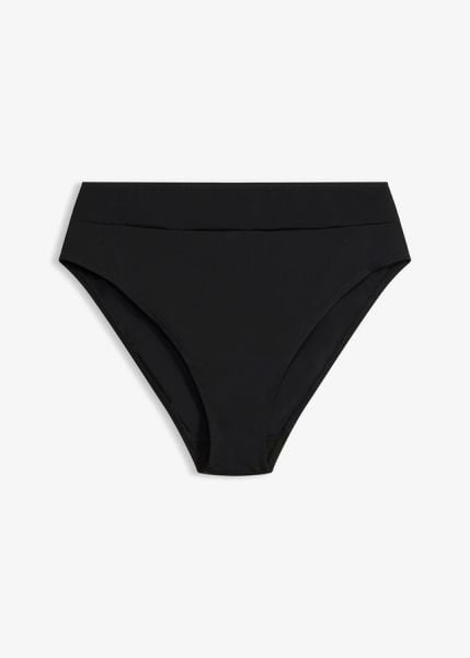 Figi bikini z wysoką talią, szybkoschnące, z wysokim wycięciem na nogi. Czarne bikini bonprix, bez wzorów. Za 64,99 zł.