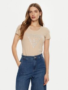Guess T-Shirt W5RI11 J1314 Beżowy Regular Fit. Brązowe t-shirty Guess, s, z aplikacjami, z bawełny, bez kołnierzyka, bez ramiączek. Za 109,99 zł.