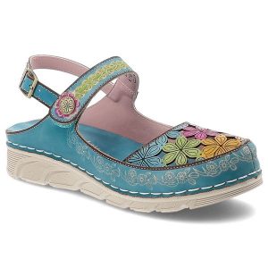 Sandały damskie Laura Vita, cholewka ze skóry naturalnej zapinane na rzep kwiatowy wzór, turkusowe, Dorry 32 AJ1819-B12. Niebieskie sandały LAURA VITA, bez wzorów, ze skóry, bez obcasa, bez zapięcia. Za 309,00 zł.