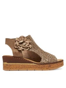 Rieker Sandały 63791-60 Brązowy. Brązowe sandały Rieker, bez wzorów, z materiału, bez obcasa, na koturnie, bez zapięcia. Za 359,99 zł.