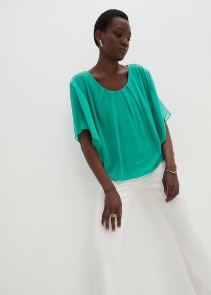 Bluzka szyfonowa z topem. Zielone bluzki bonprix, bez wzorów, z szyfonu, bez kołnierzyka, bez ramiączek. Za 149,99 zł.