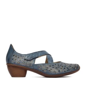 Półbuty Rieker. Niebieskie czółenka Rieker, bez wzorów, bez obcasa, na obcasie, bez zapięcia. Za 339,99 zł.