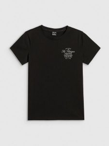 4F T-shirt regular z nadrukiem damski - czarny L. Czarne t-shirty 4f, l, bez wzorów, z bawełny, bez kołnierzyka, bez ramiączek. Za 59,99 zł.