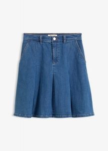 Spódnica jeansowa, z zakładkami, mid waist. Niebieskie spódnice bonprix, bez wzorów, z jeansu. Za 149,99 zł.