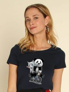 WOOOP Koszulka "Panda Bicycle" w kolorze granatowym rozmiar: M. Niebieskie bluzki Wooop, m, bez wzorów, bez kołnierzyka, bez ramiączek. Za 61,46 zł.