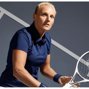 Koszulka polo tenisowa damska Artengo Dry Essential 100. Niebieskie bluzki ARTENGO, l, bez wzorów, z materiału, klasyczne, bez kołnierzyka, bez ramiączek. W wyprzedaży za 24,99 zł.