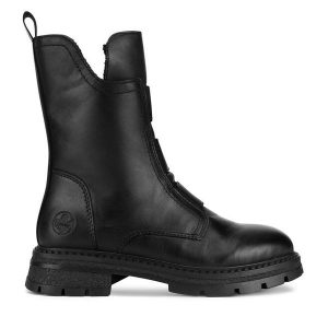 Botki Rieker. Czarne botki Rieker, bez wzorów, bez obcasa, na płaskiej podeszwie, bez zapięcia. Za 359,00 zł.