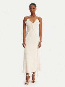 Bardot Sukienka koktajlowa Marsella Ruffle 59338DB1 Écru Regular Fit. Kombinezony Bardot, bez wzorów, z syntetyku, wizytowe, bez kołnierzyka, bez ramiączek. Za 479,99 zł.