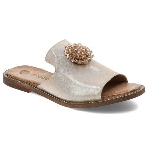 Złote Klapki Armodo Eleganckie Obuwie Damskie. Żółte klapki Armodo, z aplikacjami, z satyny, bez obcasa, na płaskiej podeszwie. Za 359,00 zł.