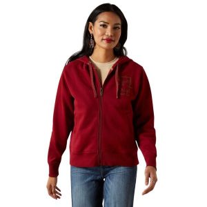 Damska bluza z kapturem full zip Ariat Stitched. Czerwone bluzy ARIAT, bez wzorów, z kapturem. Za 290,00 zł.