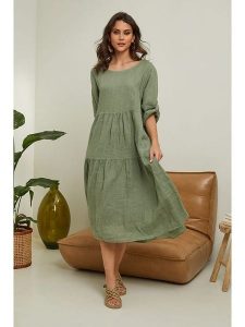 Fleur de Lin Lniana sukienka "Lantana" w kolorze khaki rozmiar: S. Brązowe sukienki Fleur de Lin, s, bez wzorów, ze lnu, bez kołnierzyka, bez ramiączek, maxi. Za 214,45 zł.