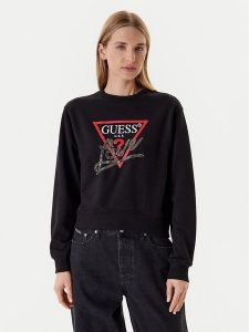 Guess Bluza W5YQ06 KB681 Czarny Regular Fit. Czarne bluzy Guess, xl, z aplikacjami, z bawełny, bez kaptura. Za 299,99 zł.