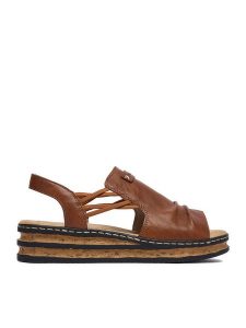 Rieker Sandały CEO-62962-22 Brązowy. Brązowe sandały Rieker, bez wzorów, ze skóry, bez obcasa, na koturnie, bez zapięcia. Za 299,99 zł.