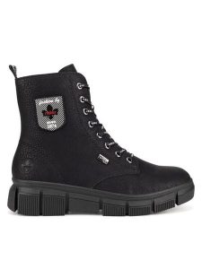 Rieker Botki X3410-00 Czarny. Czarne botki Rieker, bez wzorów, z materiału, bez obcasa, na płaskiej podeszwie, bez zapięcia. Za 272,99 zł.