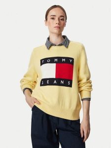 Tommy Jeans Sweter Flag DW0DW23450 Żółty jasny Regular Fit. Żółte swetry klasyczne Tommy Jeans, s, z bawełny, bez kołnierzyka. Za 489,99 zł.